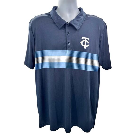 Minnesota Twins Polo Shirt Mens XL Blue TC Logo Striped Sheboygan Sausage Promo - Picture 1 of 8